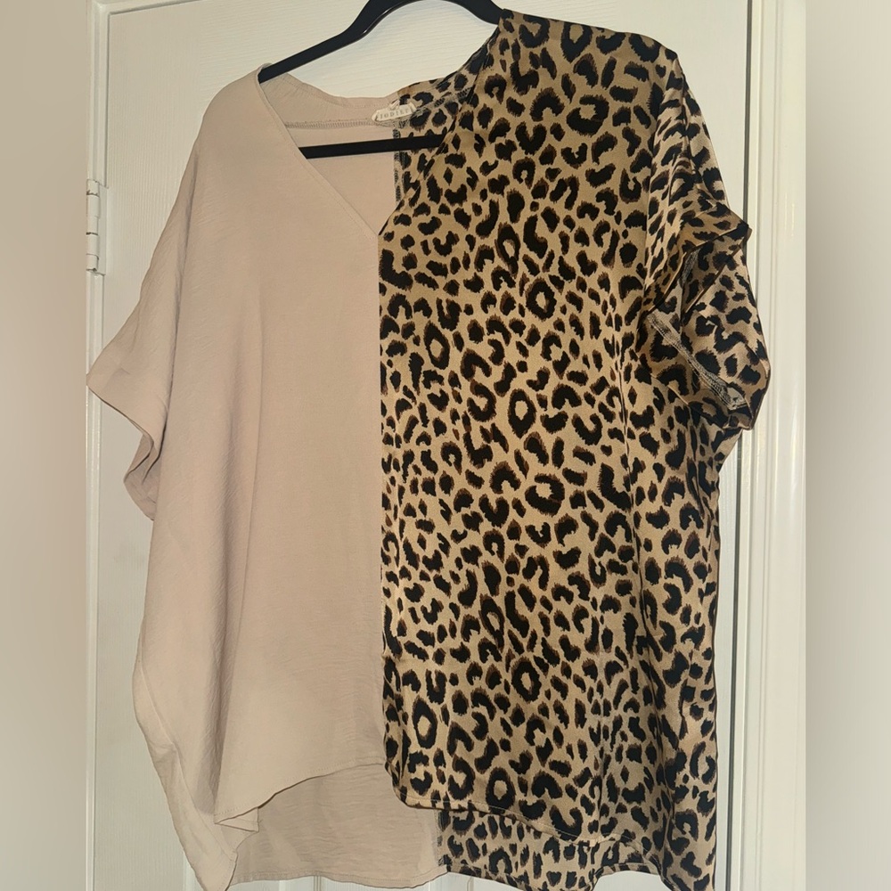 Jodifl Tan/Leopard Print Color Block Blouse - image 2